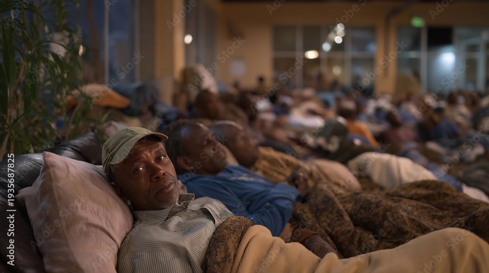 Obraz premium A warm, inviting homeless shelter features communal sleeping areas and personal storage units, ensuring that every individual has a place to rest. The environment emphasizes safety and security for