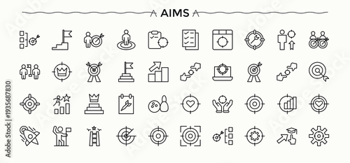 Aims vector line icon set. It contains symbols to success, achieve, win, strategy, business, grow and more. Achievement icon set. Set of line pictogram. Editable stroke collections.