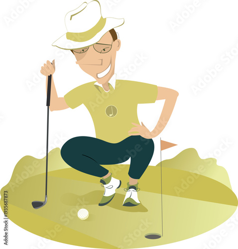 Golfer in the hat and sunglasses aiming to do a good shot