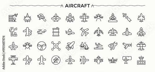 Aircraft icon set. Air icon set. Thin icons set. Pack of flight, fly, transportation, air, travel and more. Vector artwork and illustration.