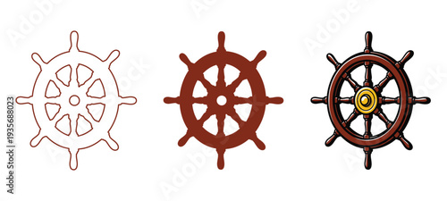 Nautical vector design set with outline, silhouette, and full color ship wheel designs