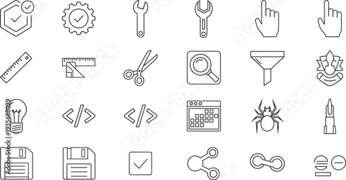 Essential black and white line icons set, software development tools, engineering symbols, digital interface elements, UI design resources, vector collection