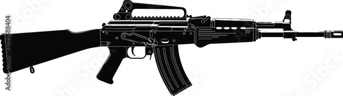 Black silhouette illustration of assault rifle resembling AK‑47 with long barrel, curved magazine, stock and pistol grip for military equipment vector design projects