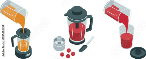 Isometric blender making fruit smoothie and juice process, pouring fresh drink into glass, kitchen appliance healthy beverage illustration