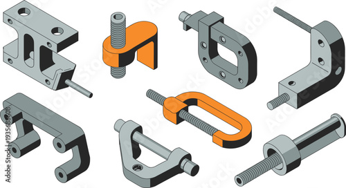 Isometric mechanical clamps and metal brackets set, industrial machine components, engineering hardware tools technical illustration collection vector