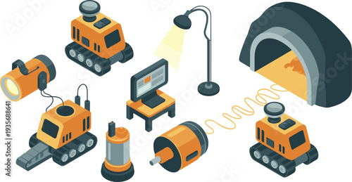 Isometric mining robots and underground exploration equipment set, industrial automation machines, tunnel mining technology engineering vector illustration