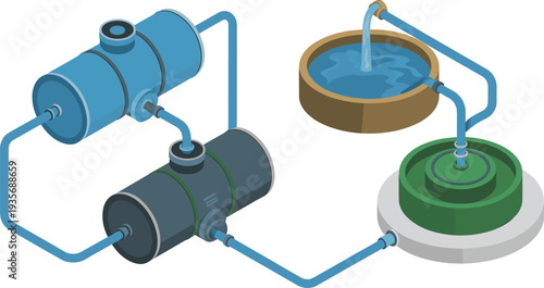 Isometric water treatment system illustration with filtration tanks, pipes, reservoir and pump, industrial water purification process engineering diagram
