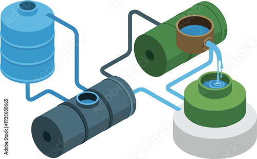 Isometric water filtration system with storage tank, filter units, pipes and reservoir, industrial water purification process engineering illustration