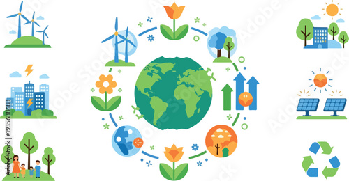 Set of 25 eco-friendly icons vector, green energy symbols, sustainable development illustrations