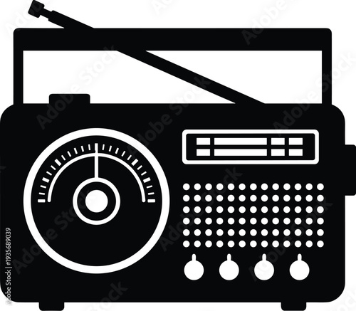 Minimal vector silhouette, vintage pocket radio with antenna and tuning dial, solid black, isolated on white.