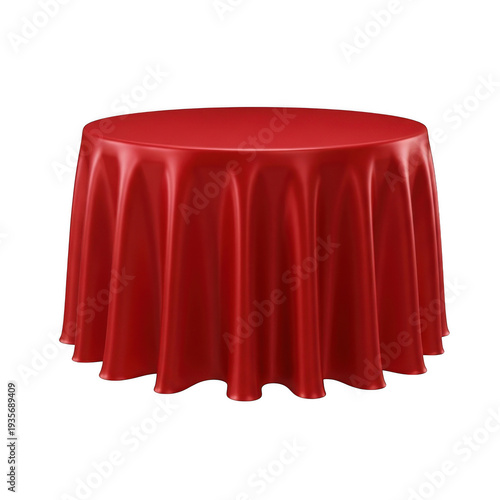 A round table draped with a vibrant red tablecloth in a formal setting