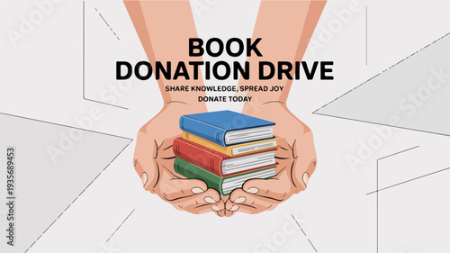Hands holding stack of books for charity book donation drive with text