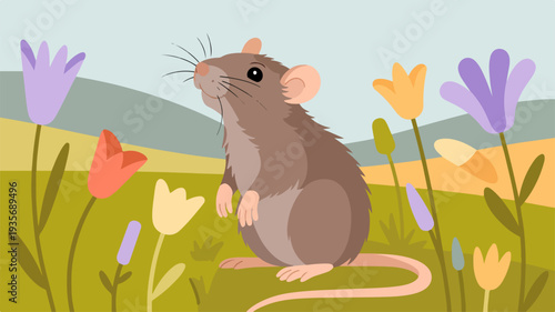 Brown mouse sitting in a colorful flower field with purple yellow and orange blooms on a sunny day in a natural landscape