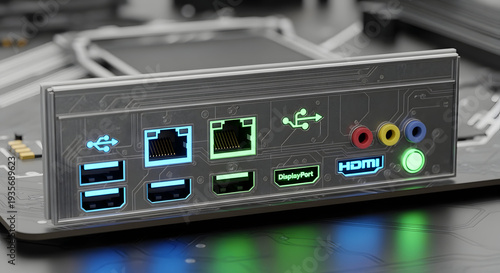 Close up of a computer motherboard rear input output panel with glowing ports and connectors for connectivity and data transfer