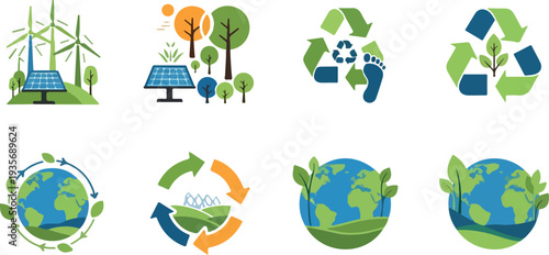 Set of 8 eco friendly icons vector, sustainability symbols
