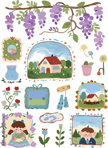 Fun and cute spring element icon set, planner, scrapbook, children's picture book, children's stationery, greeting card, baby room decoration, party invitation