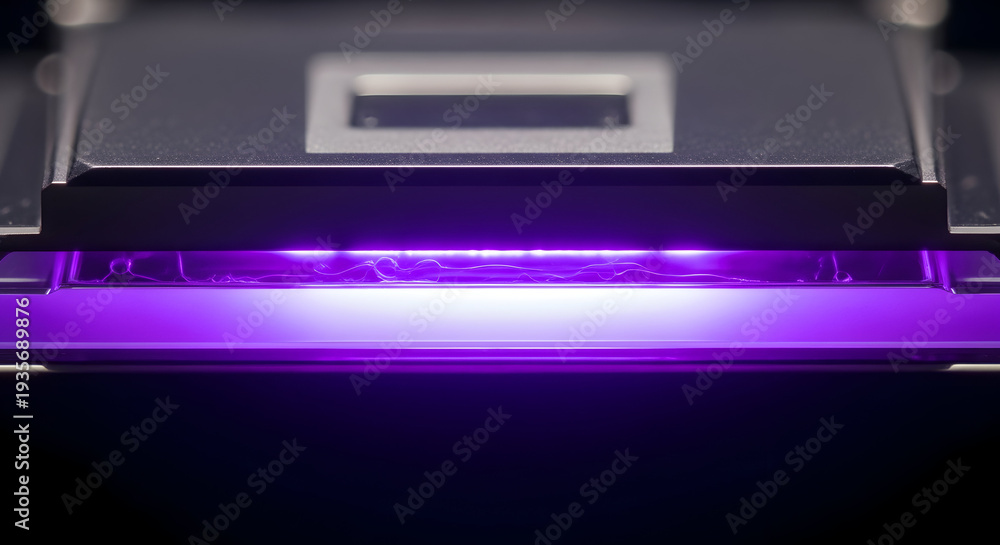 Obraz premium Close up of a scientific device emitting purple ultraviolet light onto a surface for analysis or treatment in a laboratory setting