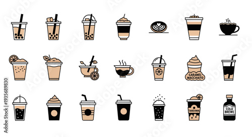 Set of Contemporary Drink Icons: Bubble Tea, Coffee, Frappuccino, and Cold Brew Coffee Vectors in Minimalist Line Art Style