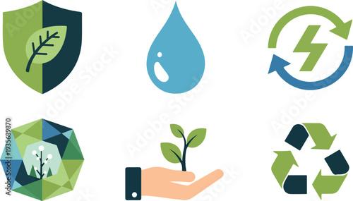 Set of 6 eco-friendly icons vector, green energy symbols