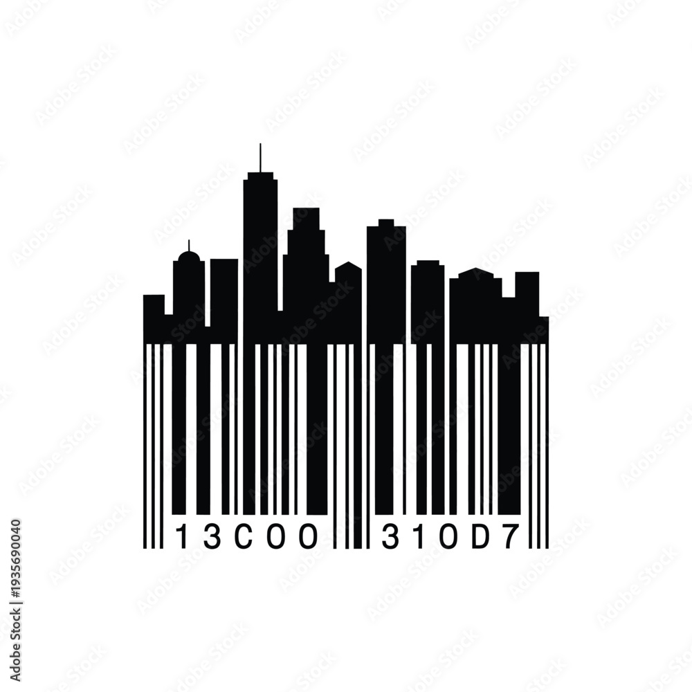 Obraz premium City skyline integrated with a barcode depicting modern urban life