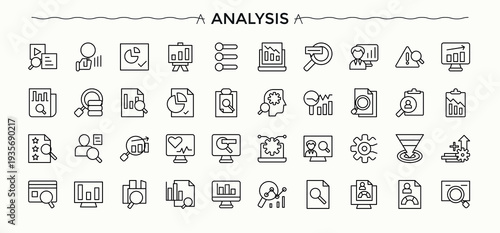 Analysis vector line icon set. Collection for mobile and web apps. Project icon set. Featuring action plan, strategy, resources, achieve, objective and more.