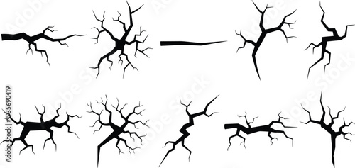 Crack textures, broken surface, fracture patterns, wall damage, glass break, pavement cracks, distressed design, grunge effect, abstract destruction, vector set