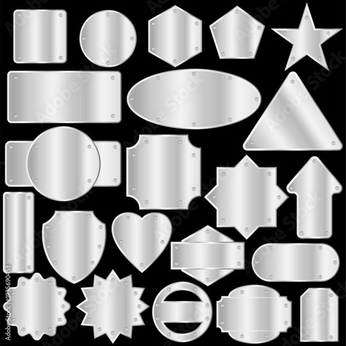 Premium silver metallic plates and badges collection vector blank metal labels industrial sign plaques steel badges set isolated on black background for ui design web banners branding