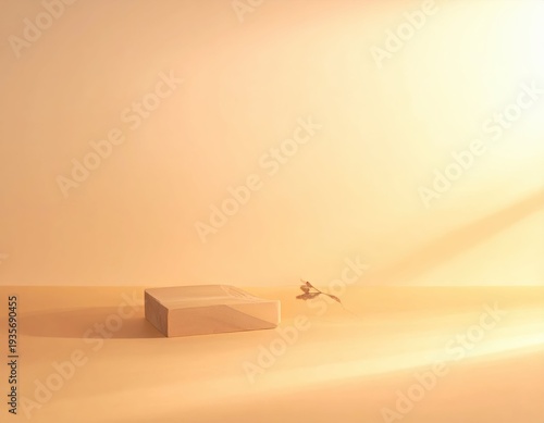 Minimalist Display with Simple Box and Delicate Branch in Soft Light