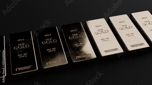 Close-up 999.9 gold bullion bars in cinematic loop animation. Perfect for finance, investment, wealth and luxury branding. Seamless loop animation, part of series.