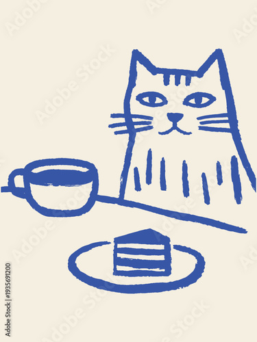 Cat in cafe naive doodle brush sketch vector illustration
