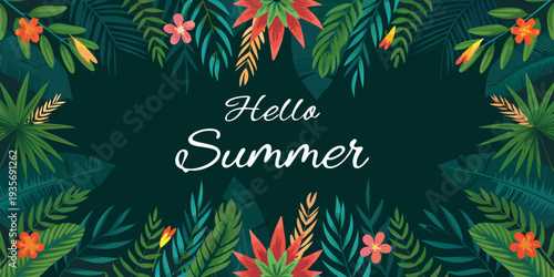 Tropical floral arrangement with hello summer text on a dark background