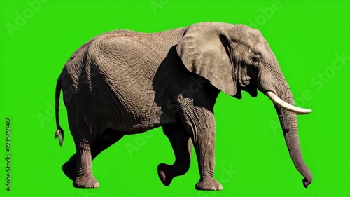 African Elephant Walking with Trunk and Tusks in Green Screen Background