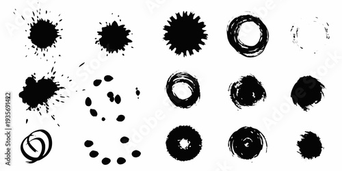 Collection of abstract black ink splatters and brush stroke shapes