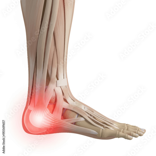 Detailed 3D illustration of a human foot and ankle joint, highlighting an inflamed or injured Achilles tendon and heel area with radiating pain, a medical concept