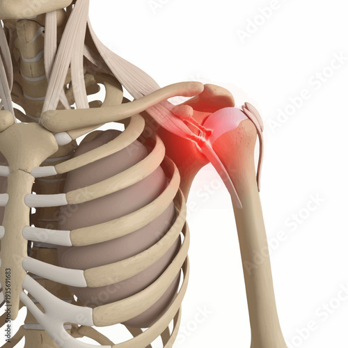 Medical illustration depicting the complex anatomy of the human shoulder joint with visible inflammation