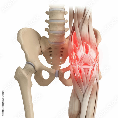 3D render of the hip joint and musculature, highlighting inflammation and discomfort in the knee area