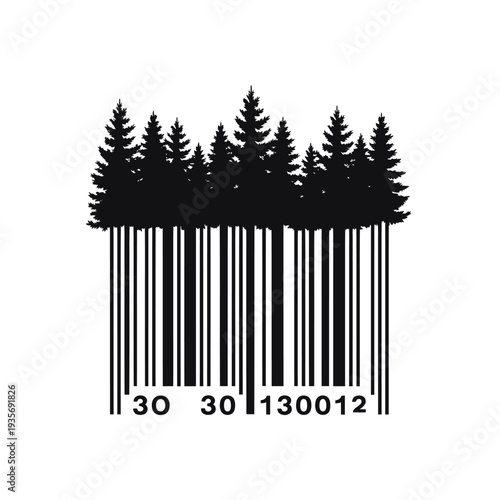 Barcode composed of silhouetted evergreen trees and numerical code