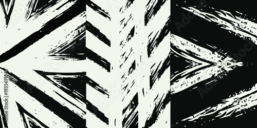 Abstract black and white brushstrokes forming a geometric pattern