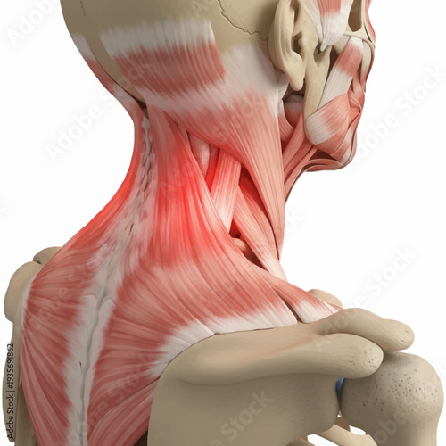 3D medical illustration highlighting the trapezius muscle in the neck and shoulder region, with a focus on pain points