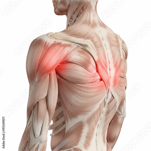 Detailed 3D medical illustration highlighting muscle pain and inflammation in the human upper back, shoulder, and trapezius regions, an anatomical concept of musculoskeletal discomfort