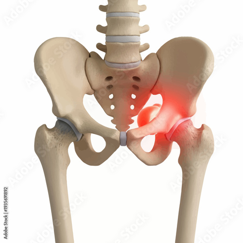 3D medical illustration of the human hip joint showing pain highlighted in red on the left side