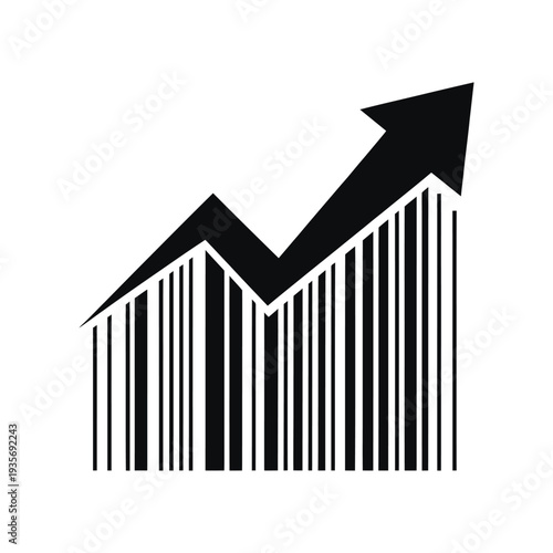 Black arrow rising above a barcode graphic symbolizing growth and data