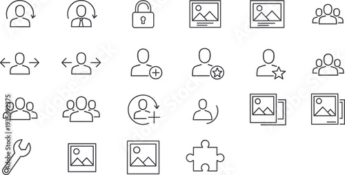 User interface line icons, profile and group symbols, security and settings elements, integration resources, digital application tools, vector design collection