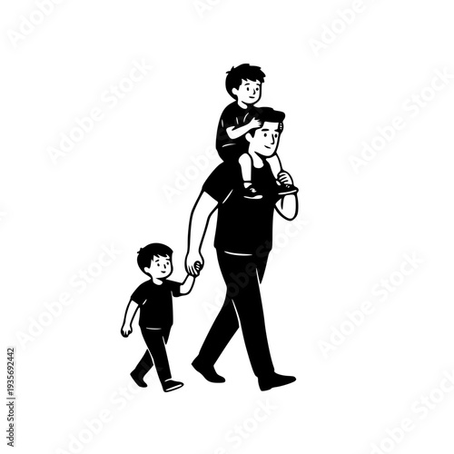 father walking with two children one on shoulders family line art illustration