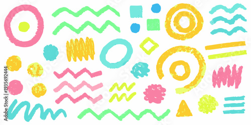 Colorful abstract shapes and lines resembling crayon or pastel drawings