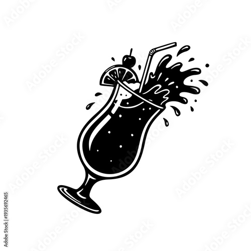 splashing cocktail drink with straw lemon slice and cherry line art illustration