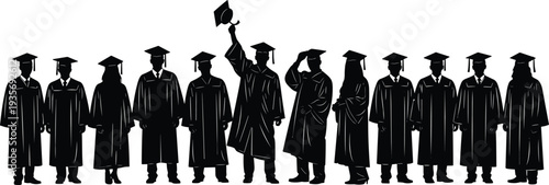 Group of graduate silhouettes in academic gowns and caps standing in a row celebrating graduation ceremony isolated on white background for education design