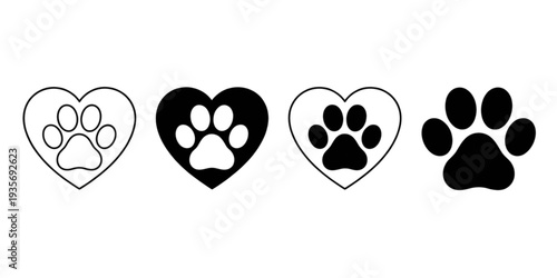 Four different heart shapes filled with paw prints in varying patterns and designs. Vector