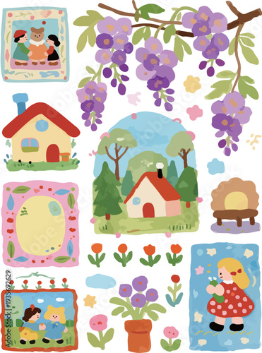 A charming and adorable set featuring icons of wisteria and fairy tale houses, including prints, planner books, scrapbook designs, illustrated books, stationery, greeting cards, and party invitations