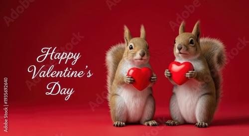 Two Squirrels Holding Hearts on Red Background